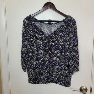 NWOT INC International Concepts Blue and White Blouse Tie Boho Office Relaxed